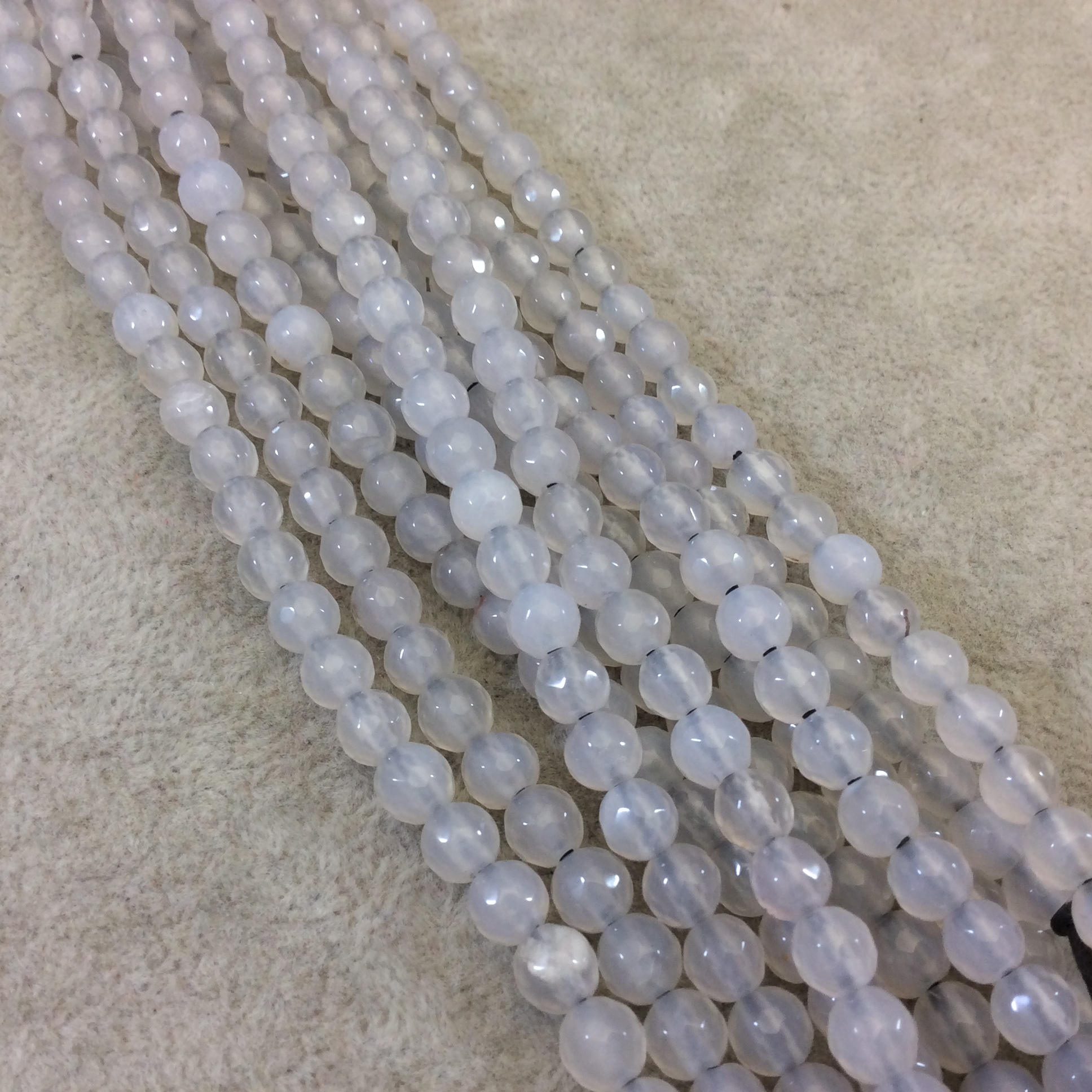 6mm Natural White Agate Faceted Glossy Round/Ball Shaped Beads With 1.5mm Holes - 7" Strand (Approx. 30 Beads) - LARGE HOLE BEADS