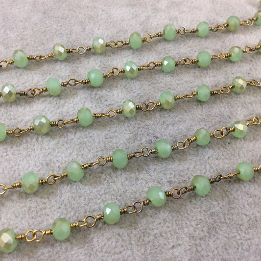 Gold Plated Copper Wrapped Rosary Chain with 6mm Faceted Opaque Pale Green Glass Crystal Rondelle Beads - Sold by the Foot (RC46-122-GD)