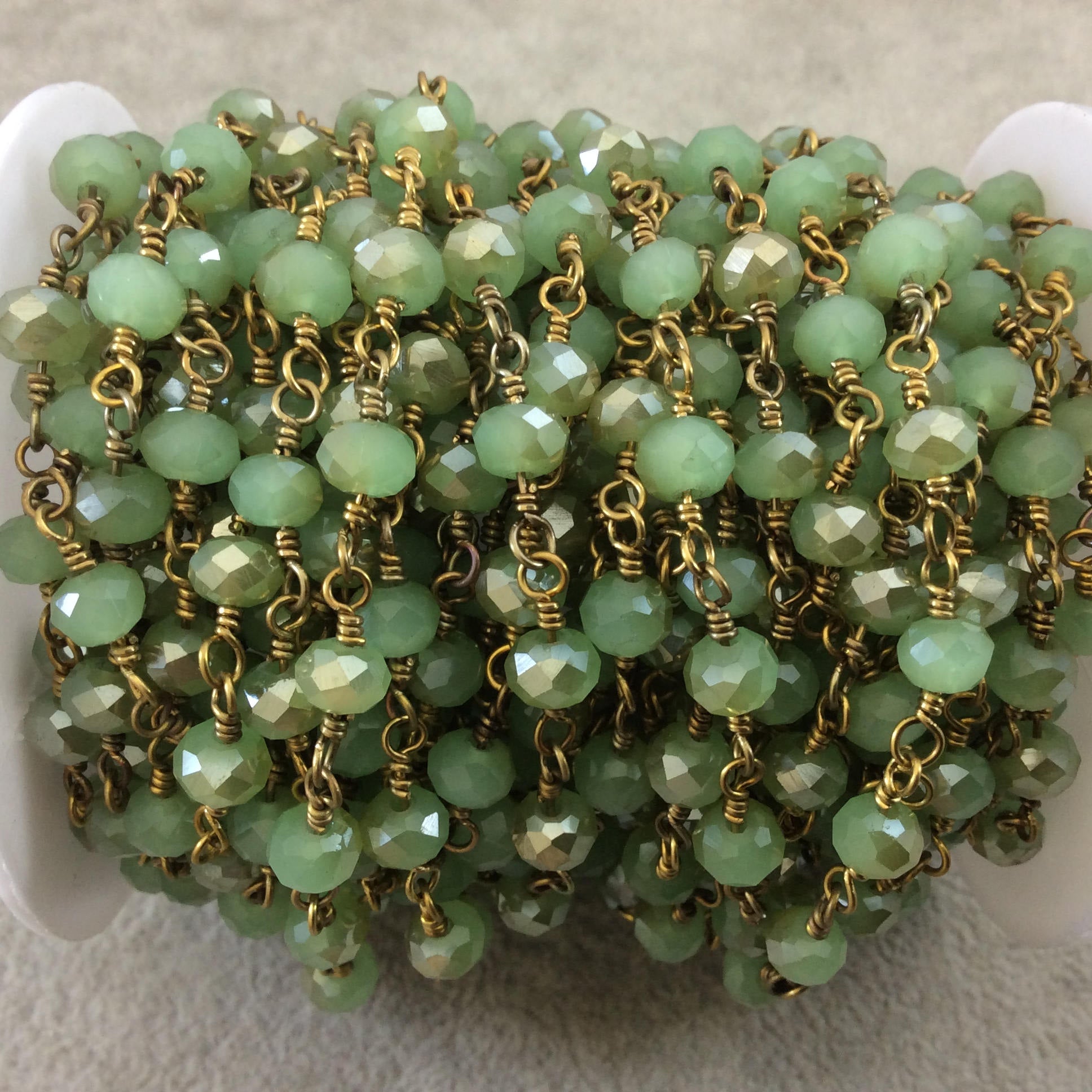 Gold Plated Copper Wrapped Rosary Chain with 6mm Faceted Opaque Pale Green Glass Crystal Rondelle Beads - Sold by the Foot (RC46-122-GD)