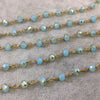 Gold Plated Copper Wrapped Rosary Chain with 6mm Faceted Opaque AB Aqua & Gold Glass Crystal Rondelle Beads - Sold by the Foot (RC46-123-GD)