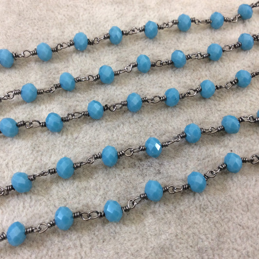 Gunmetal Plated Copper Wrapped Rosary Chain with 6mm Faceted Opaque Dk. Turquoise Glass Crystal Rondelle Beads - By the Foot (RC46-056B-GM)