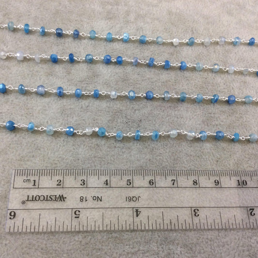 Silver Plated Copper Rosary Chain with Faceted 3-4mm Rondelle Shaped Mystic Coated Mixed Blue/White Moonstone Beads - Sold Per Ft - CH142-SV