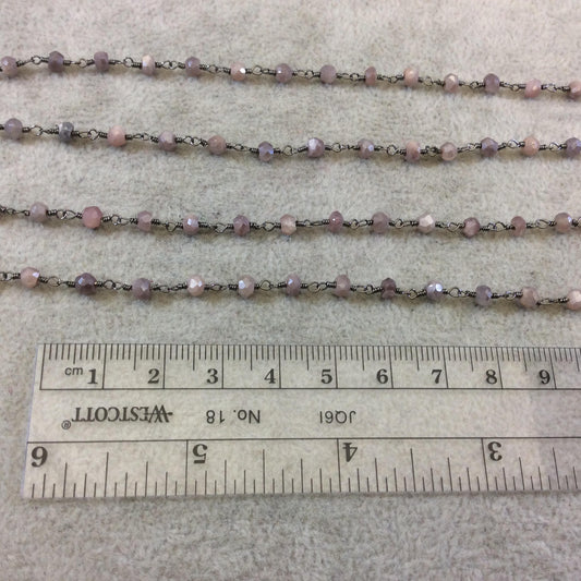 Gunmetal Plated Copper Rosary Chain with Faceted 3-4mm Rondelle Shaped Mystic Coated Pink/Mauve Moonstone Beads - Sold Per Ft - CH144-GM