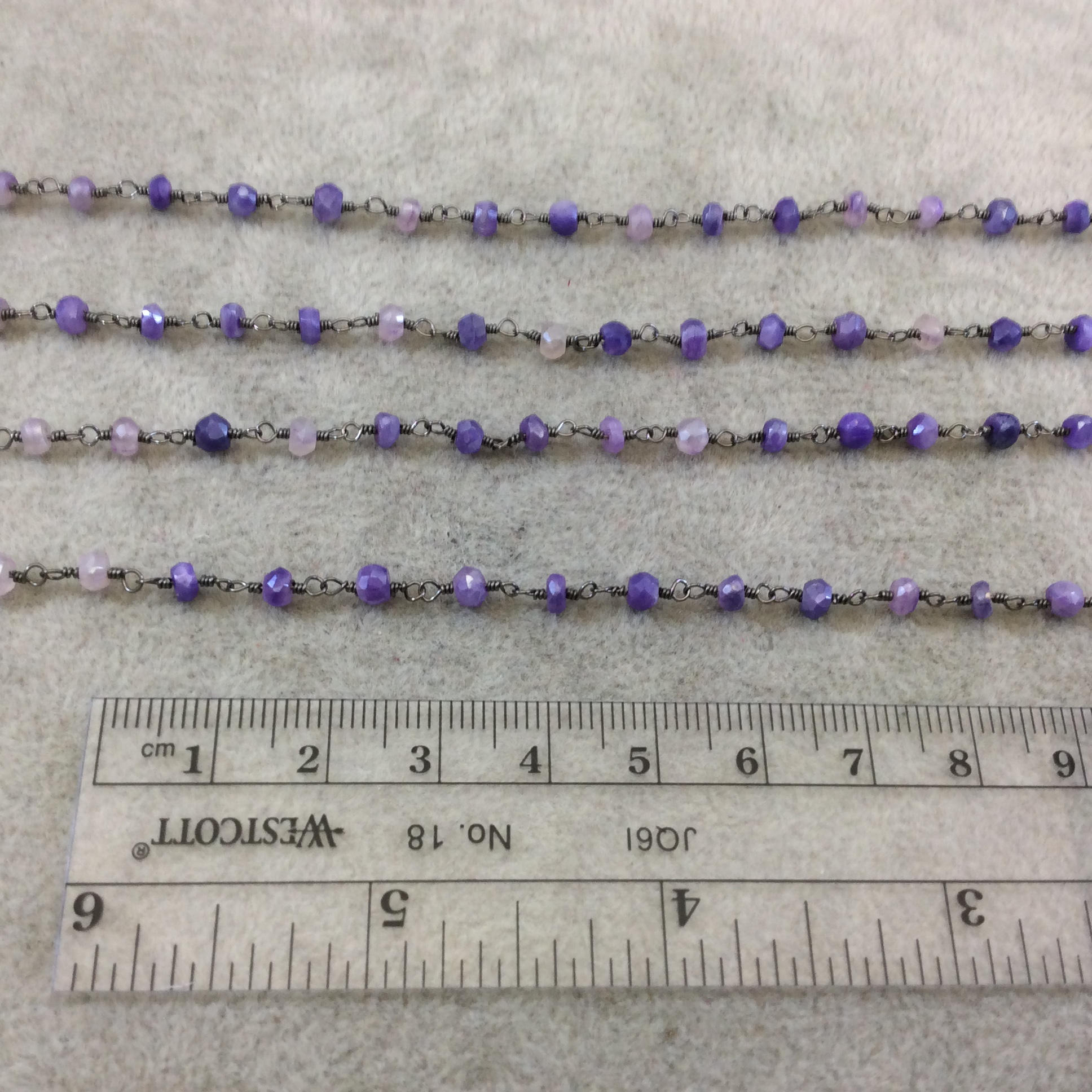 Gunmetal Plated Copper Rosary Chain with Faceted 3-4mm Rondelle Shaped Mystic Coated Lilac/Purple Moonstone Beads - Sold Per Ft - CH145-GM