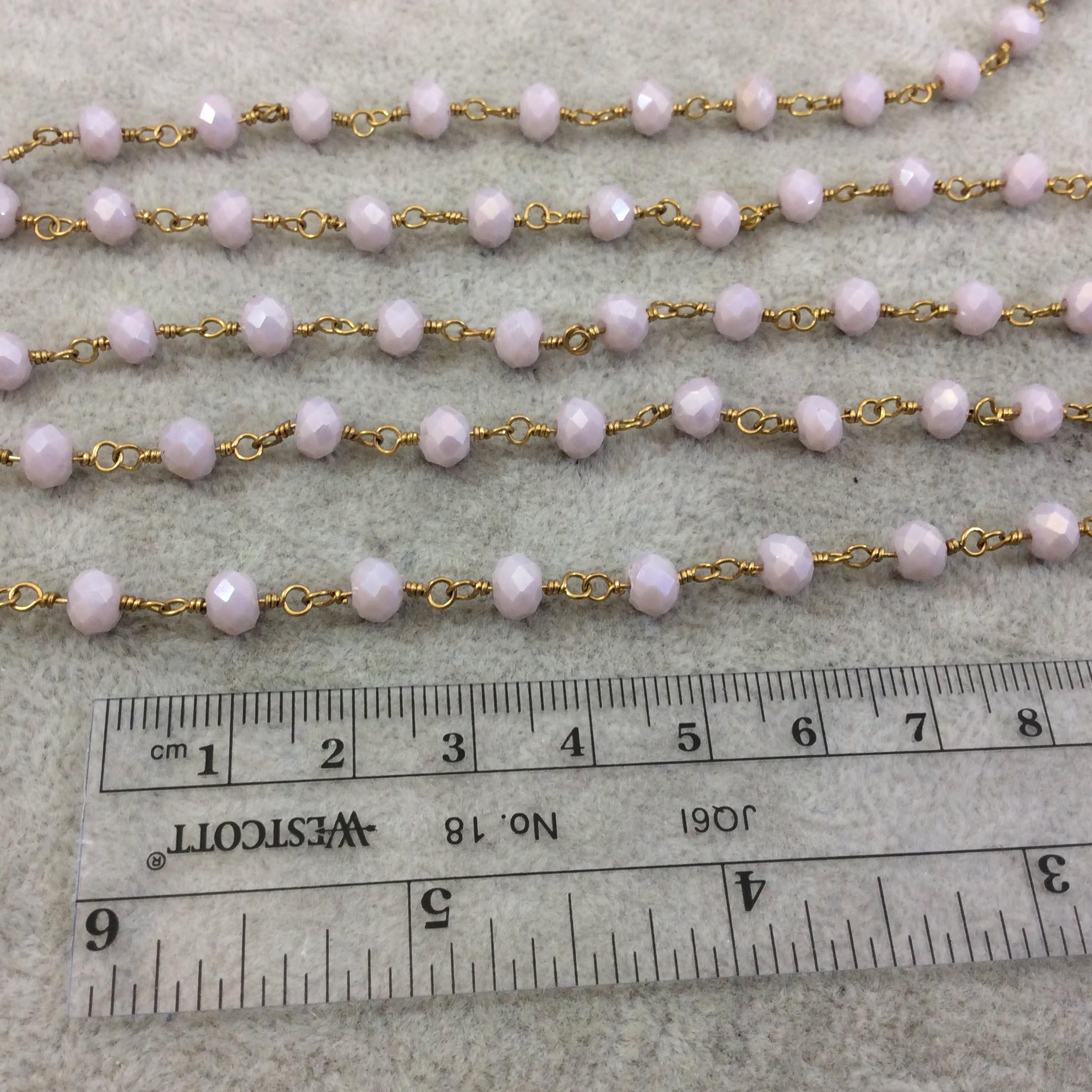 Gold Plated Copper Wrapped Rosary Chain with 6mm Faceted Opaque Palest Plum Glass Crystal Rondelle Beads- Sold By the Foot (RC46-061-GD)