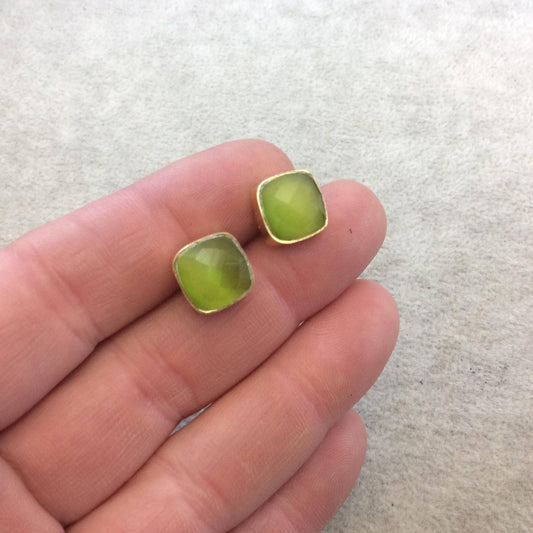 One Pair of Lime Green Synthetic Cat's Eye Square Shaped Gold Plated Stud Earrings with NO ATTACHED Jump Rings - Measuring 10mm x 10mm