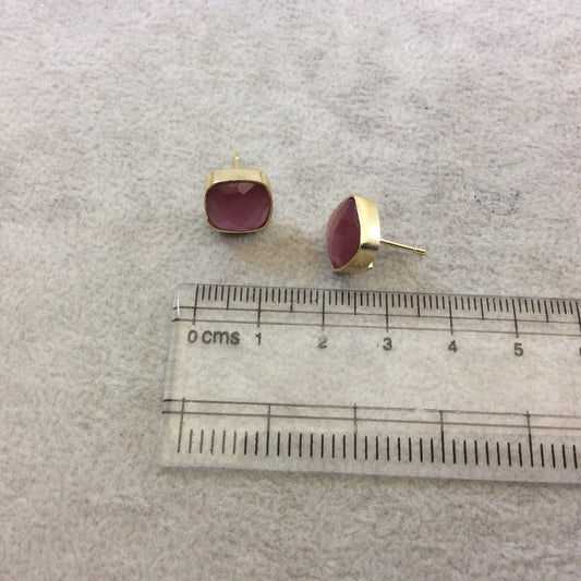 One Pair of Rose Pink Synthetic Cat's Eye Square Shaped Gold Plated Stud Earrings with NO ATTACHED Jump Rings - Measuring 10mm x 10mm