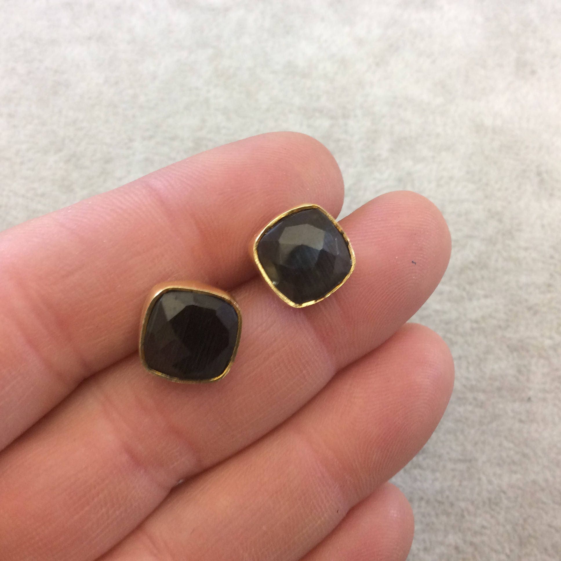 One Pair of Charcoal Gray Synthetic Cat's Eye Square Shaped Gold Plated Stud Earrings with NO ATTACHED Jump Rings - Measuring 10mm x 10mm