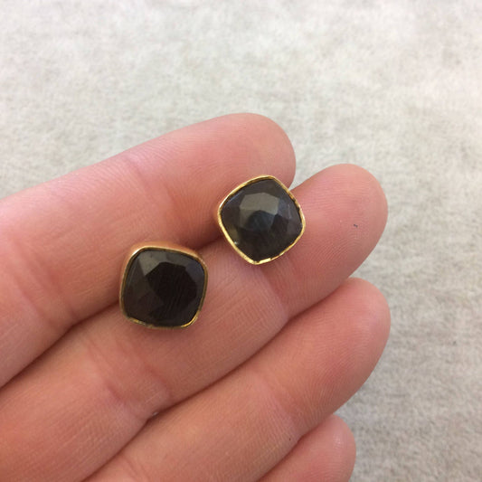 One Pair of Charcoal Gray Synthetic Cat's Eye Square Shaped Gold Plated Stud Earrings with NO ATTACHED Jump Rings - Measuring 10mm x 10mm