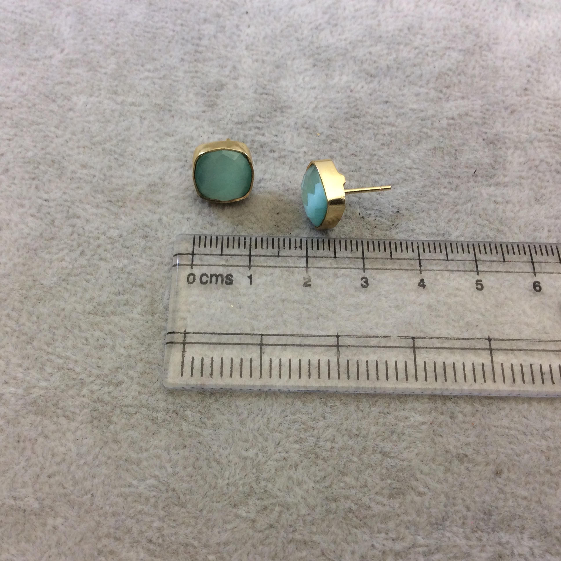 One Pair of Seafoam Green Synthetic Cat's Eye Square Shaped Gold Plated Stud Earrings with NO ATTACHED Jump Rings - Measuring 10mm x 10mm