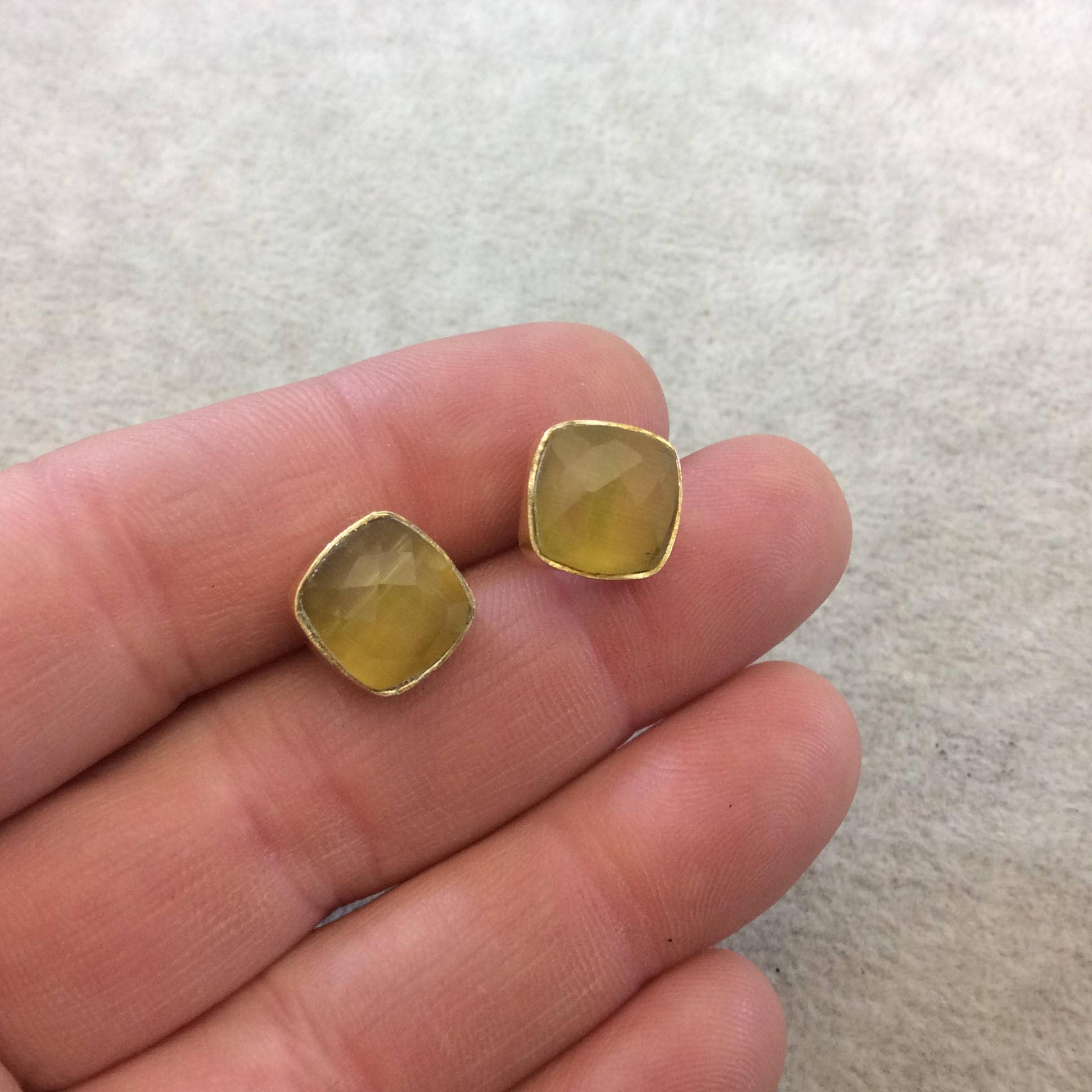 One Pair of Yellow Ochre Synthetic Cat's Eye Square Shaped Gold Plated Stud Earrings with NO ATTACHED Jump Rings - Measuring 10mm x 10mm