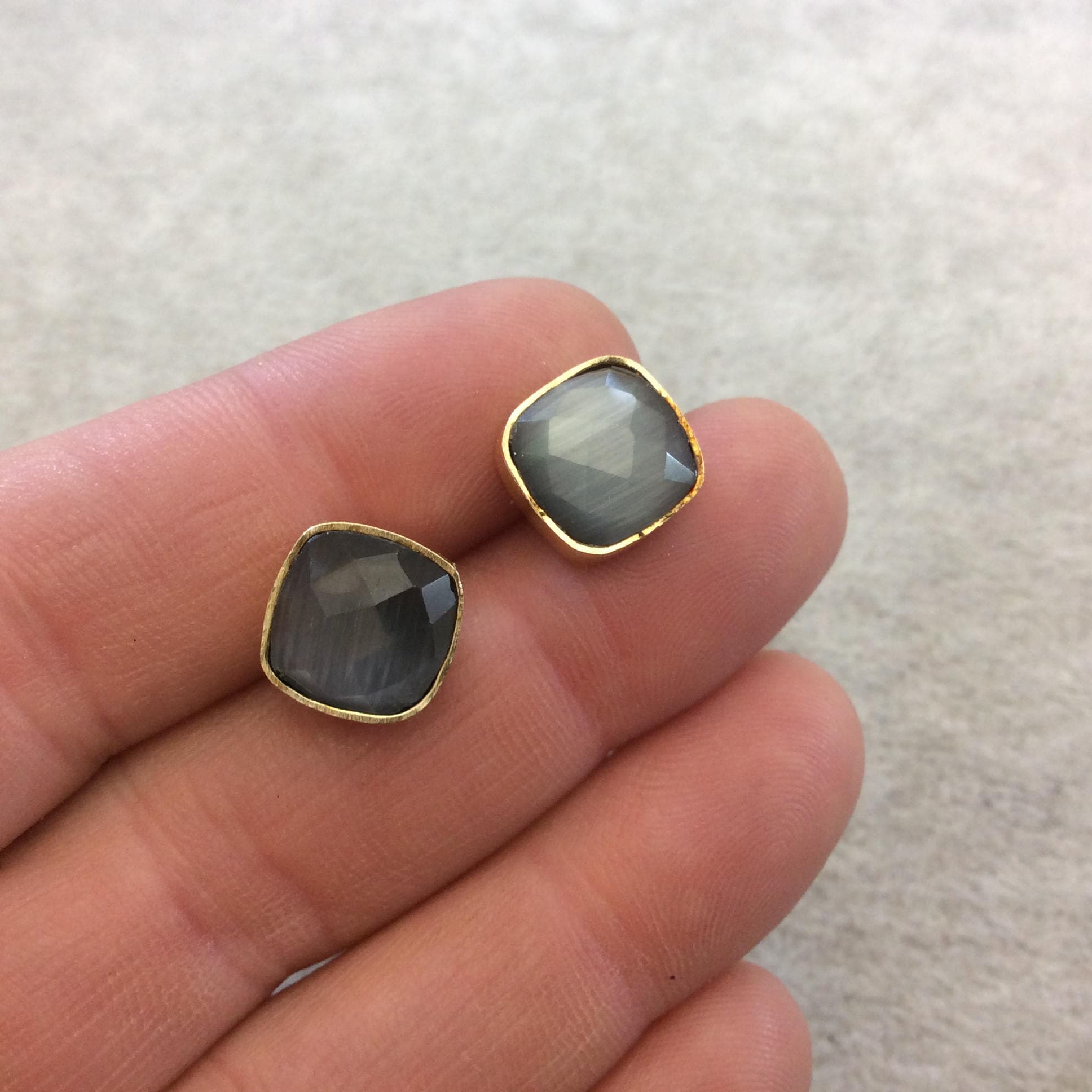 One Pair of Dark Gray Synthetic Cat's Eye Square Shaped Gold Plated Stud Earrings with NO ATTACHED Jump Rings - Measuring 10mm x 10mm