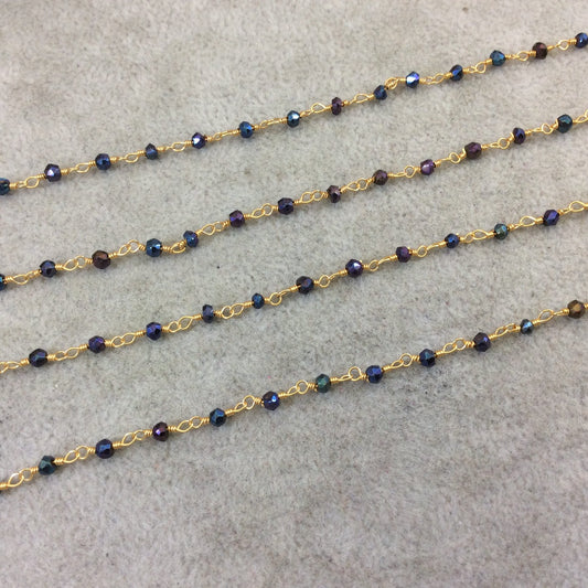 Gold Plated Copper Rosary Chain with Faceted 3-4mm Rondelle Shaped Rainbow Mystic Coated Black Spinel Beads - Sold Per Ft - (CH158-GD)