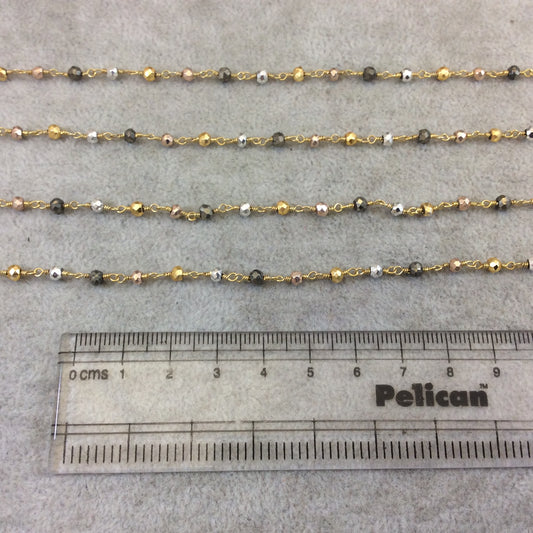 Gold Plated Copper Rosary Chain with Faceted 3-4mm Rondelle Shaped Gold, Gunmetal, Silver Pyrite Beads - Sold Per Ft - (CH176-GD)