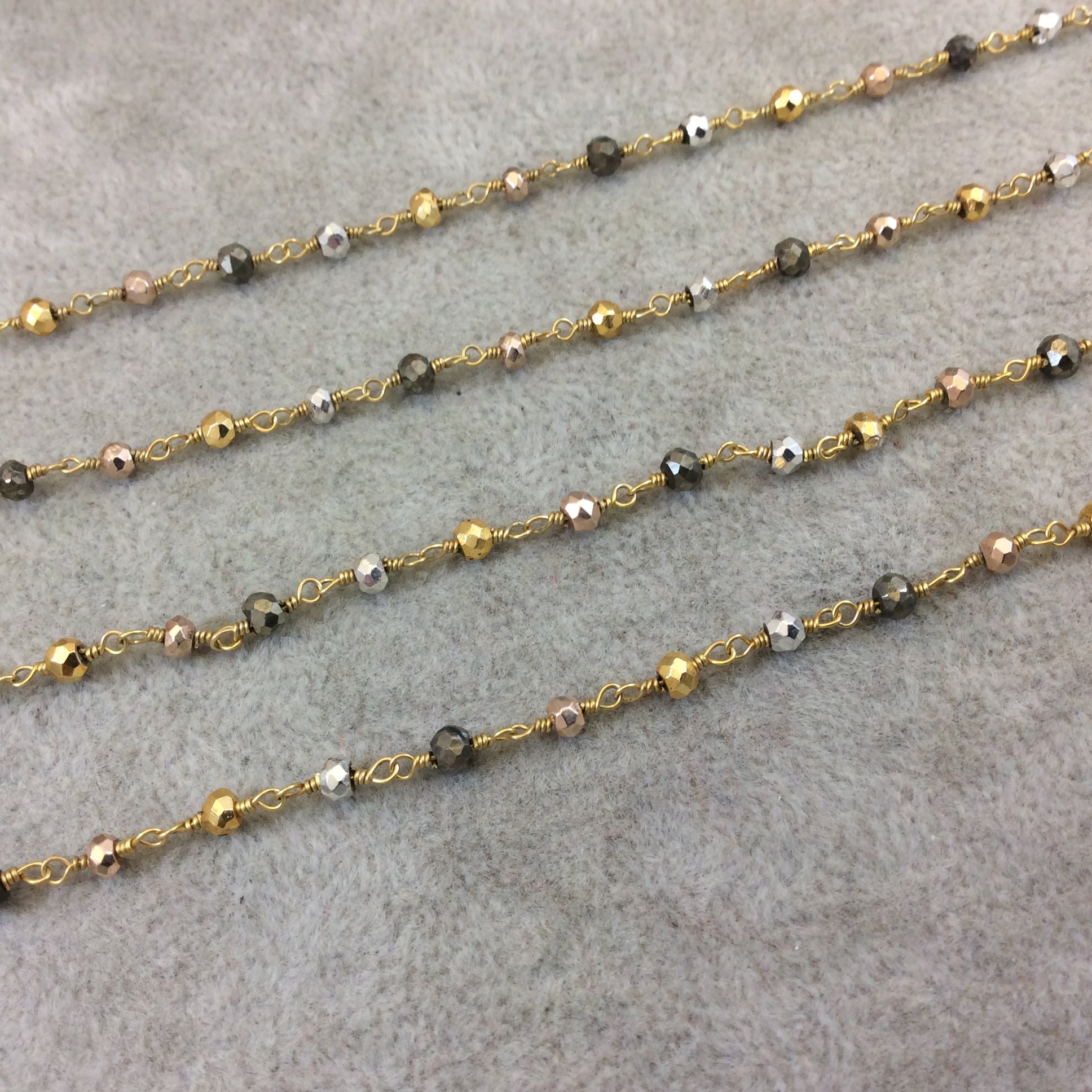 Gold Plated Copper Rosary Chain with Faceted 3-4mm Rondelle Shaped Gold, Gunmetal, Silver Pyrite Beads - Sold Per Ft - (CH176-GD)