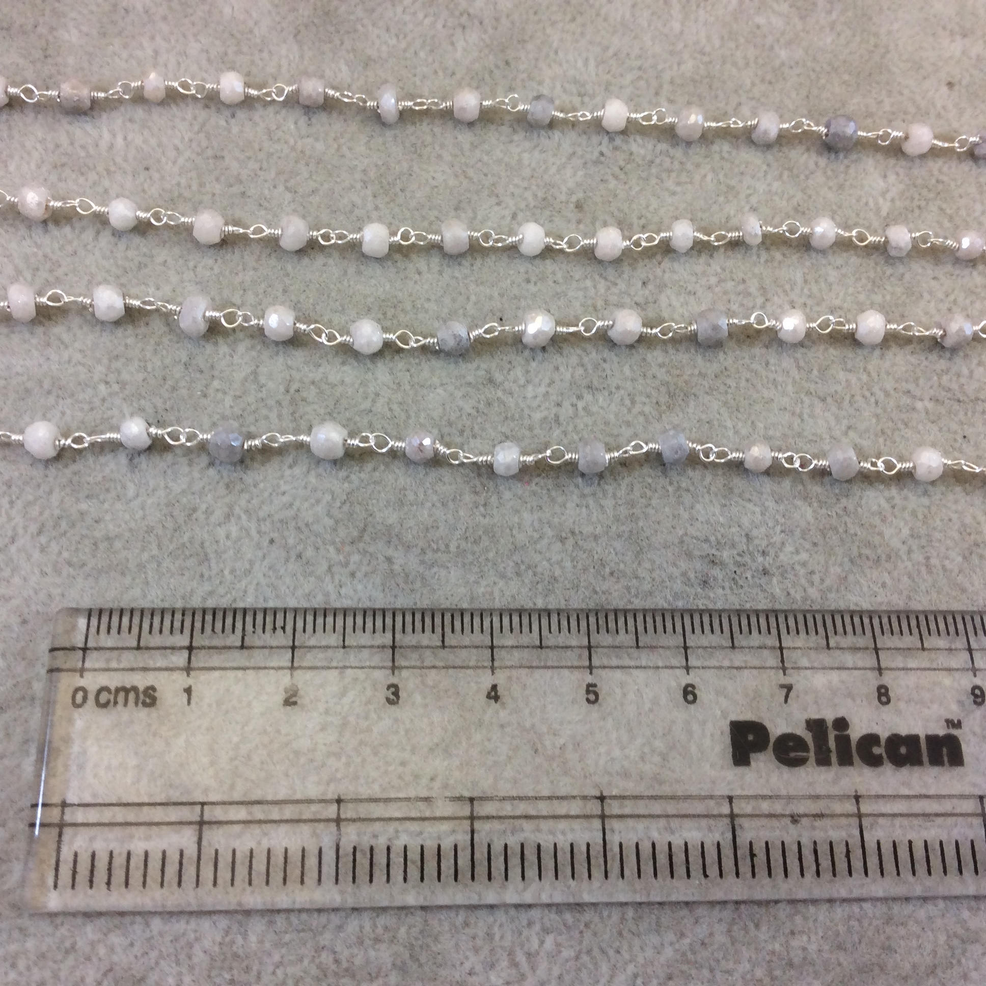 Silver Plated Copper Rosary Chain with Faceted 3-4mm Rondelle Shaped Mystic Coated White Quartz Beads - Sold Per Ft - (CH156-SV)