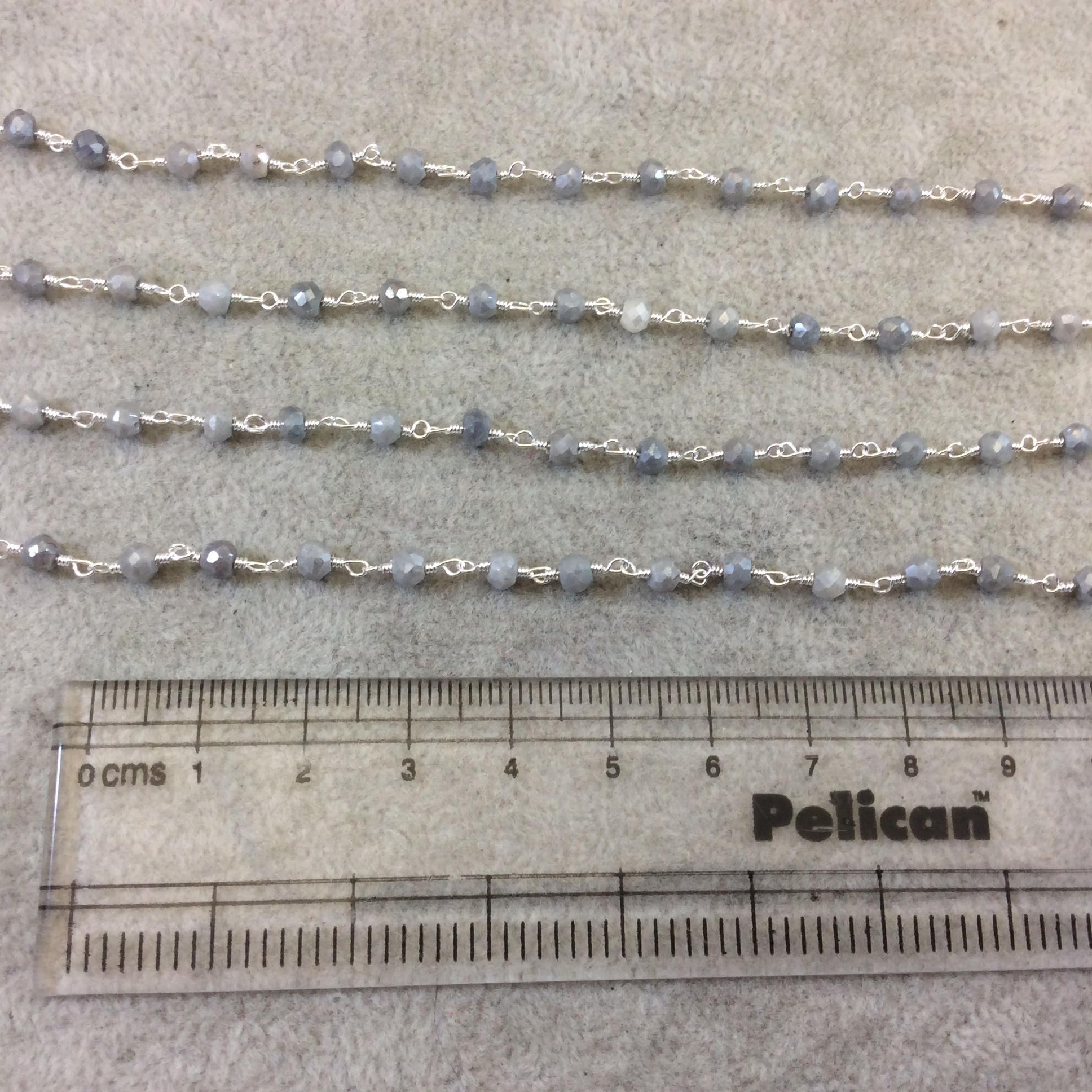 Silver Plated Copper Rosary Chain with Faceted 3-4mm Rondelle Shaped Mystic Coated Gray Quartz Beads - Sold Per Ft - (CH151-SV)