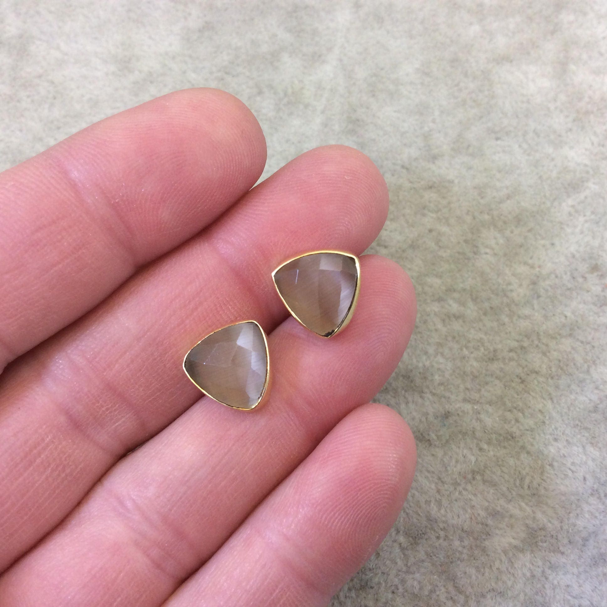 One Pair of Putty Brown Synthetic Cat's Eye Triangle Shaped Gold Plated Stud Earrings with NO ATTACHED Jump Rings - Measuring 10mm x 10mm