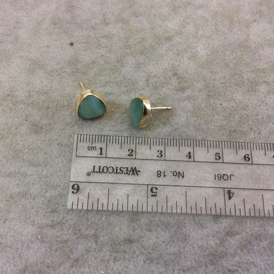 One Pair of Seafoam Green Synthetic Cat's Eye Triangle Shaped Gold Plated Stud Earrings with NO ATTACHED Jump Rings - Measuring 10mm x 10mm