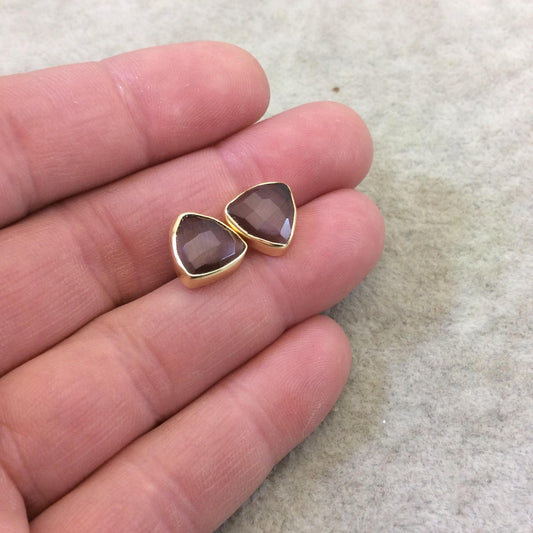 One Pair of Amethyst Synthetic Cat's Eye Triangle Shaped Gold Plated Stud Earrings with NO ATTACHED Jump Rings - Measuring 10mm x 10mm