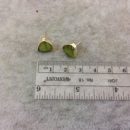 One Pair of Lime Green Synthetic Cat's Eye Triangle Shaped Gold Plated Stud Earrings with NO ATTACHED Jump Rings - Measuring 10mm x 10mm