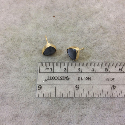 One Pair of Dark Gray Synthetic Cat's Eye Triangle Shaped Gold Plated Stud Earrings with NO ATTACHED Jump Rings - Measuring 10mm x 10mm