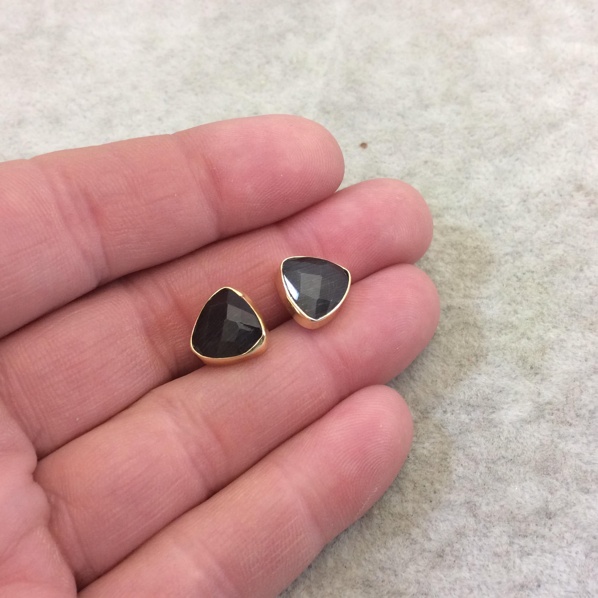 One Pair of Charcoal Synthetic Cat's Eye Triangle Shaped Gold Plated Stud Earrings with NO ATTACHED Jump Rings - Measuring 10mm x 10mm