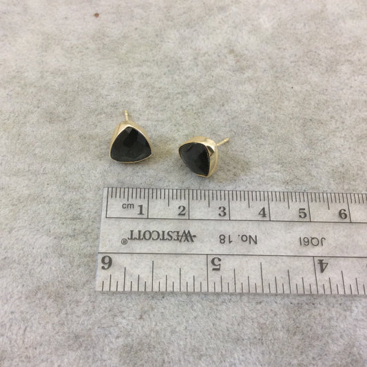 One Pair of Charcoal Synthetic Cat's Eye Triangle Shaped Gold Plated Stud Earrings with NO ATTACHED Jump Rings - Measuring 10mm x 10mm