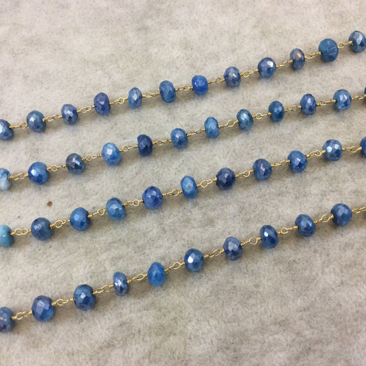 Gold Plated Copper Rosary Chain with Faceted 4mm x 6mm Rondelle Shape Mystic Medium Blue Moonstone Beads - Sold Per Ft - (CH331-GD)