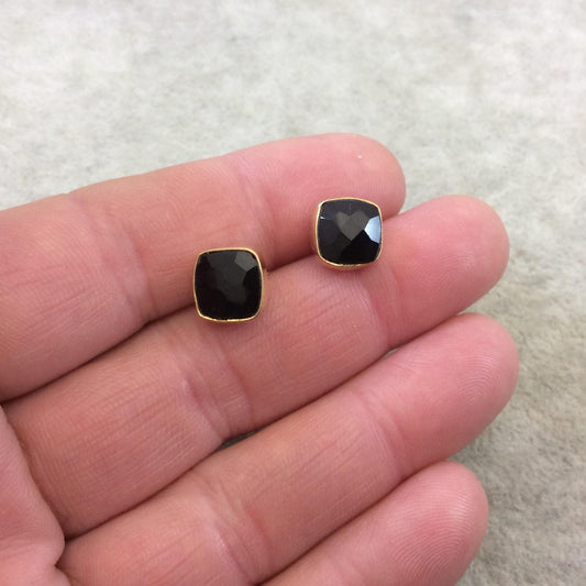 One Pair of Deep Black Onyx Square Shaped Gold Plated Stud Earrings with NO ATTACHED Jump Rings - Measuring 8mm x 8mm - Natural Gemstone!