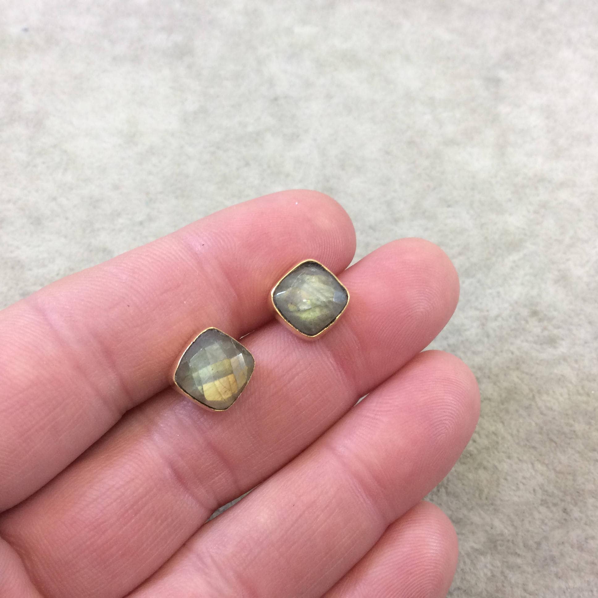 One Pair of Gold/Gray/Blue Labradorite Square Shaped Gold Plated Stud Earrings with NO ATTACHED Jump Rings - ~ 8mm x 8mm - Natural Gemstone!