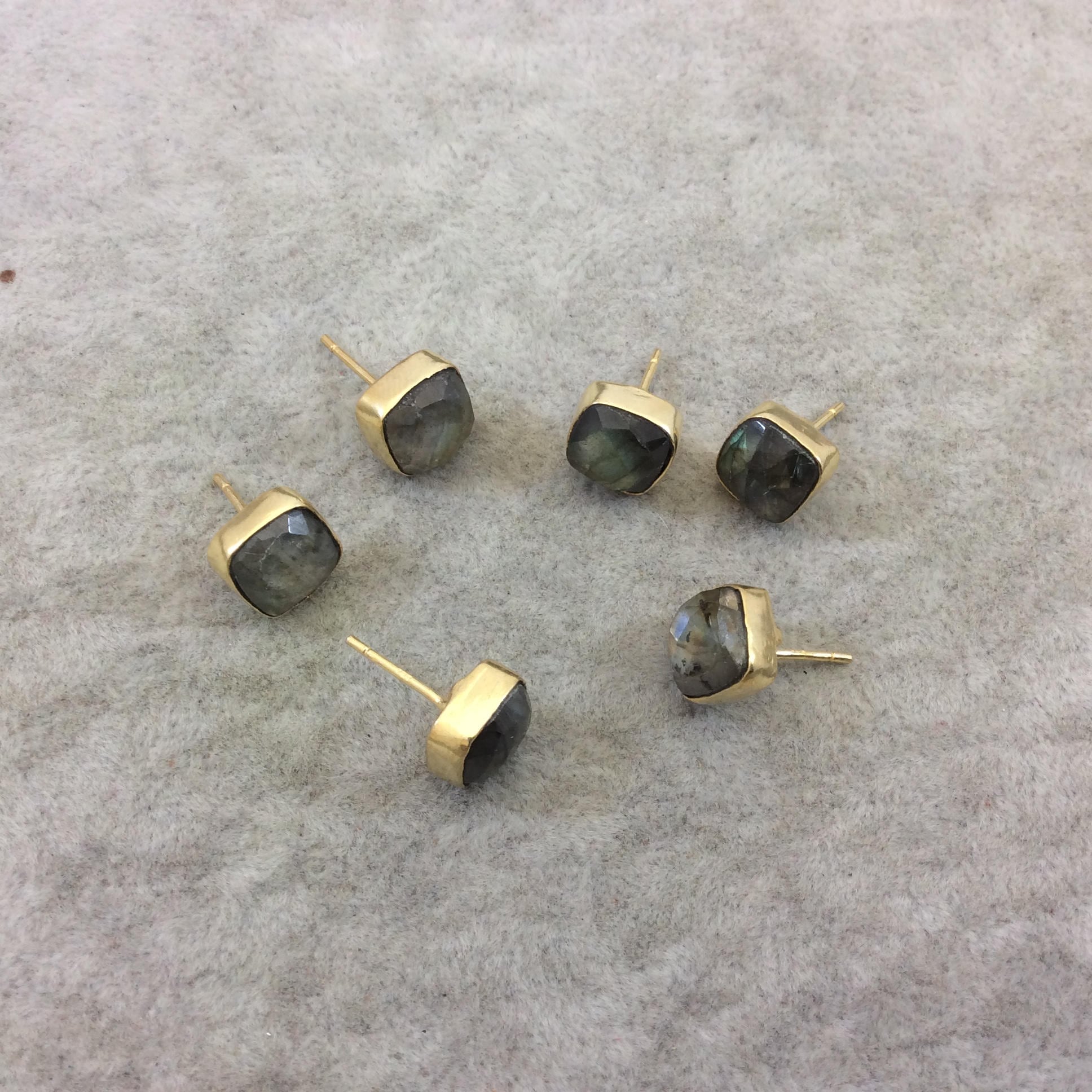 One Pair of Gold/Gray/Blue Labradorite Square Shaped Gold Plated Stud Earrings with NO ATTACHED Jump Rings - ~ 8mm x 8mm - Natural Gemstone!