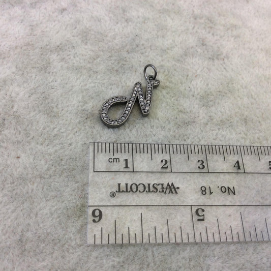 Genuine Pave Diamond Encrusted Gunmetal Plated Sterling Silver SCRIPT Alphabet Letter "N" - ~ 19mm x 20mm, Carat Weight Varies By Letter