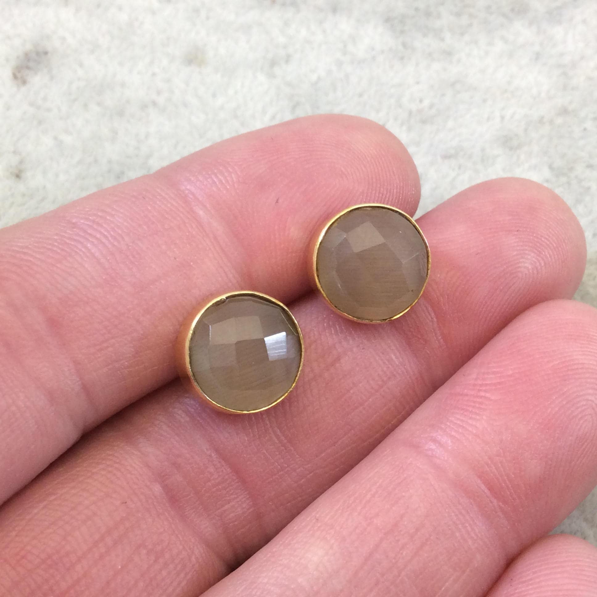 One Pair of Putty Brown Synthetic Cat's Eye Round Shaped Gold Plated Stud Earrings with NO ATTACHED Jump Rings - Measuring 10mm x 10mm