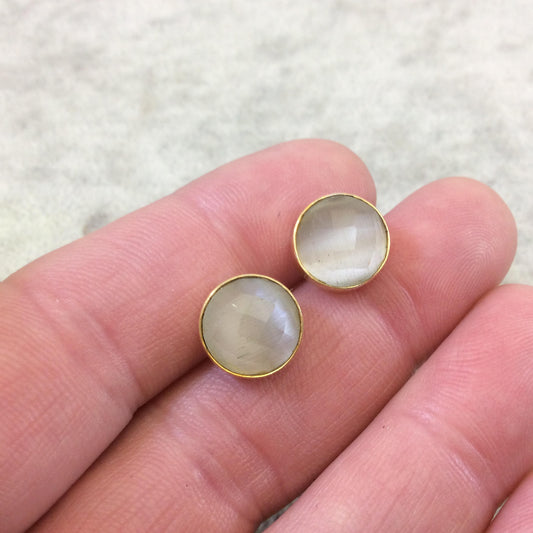 One Pair of Pale Gray Synthetic Cat's Eye Round Shaped Gold Plated Stud Earrings with NO ATTACHED Jump Rings - Measuring 10mm x 10mm