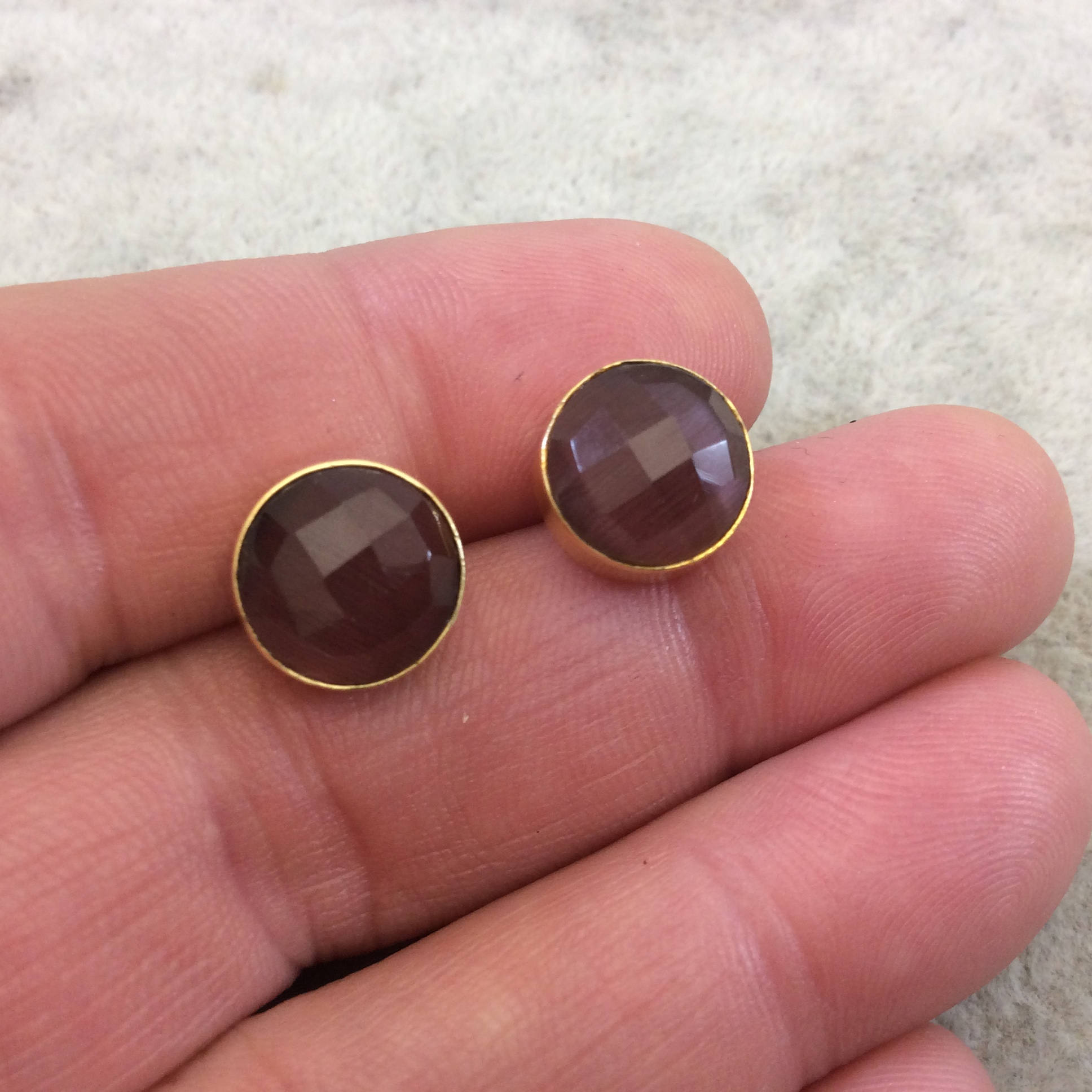 One Pair of Amethyst Purple Synthetic Cat's Eye Round Shaped Gold Plated Stud Earrings with NO ATTACHED Jump Rings - Measuring 10mm x 10mm