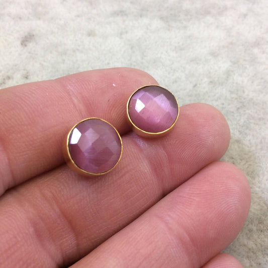 One Pair of Rose Pink Synthetic Cat's Eye Round Shaped Gold Plated Stud Earrings with NO ATTACHED Jump Rings - Measuring 10mm x 10mm