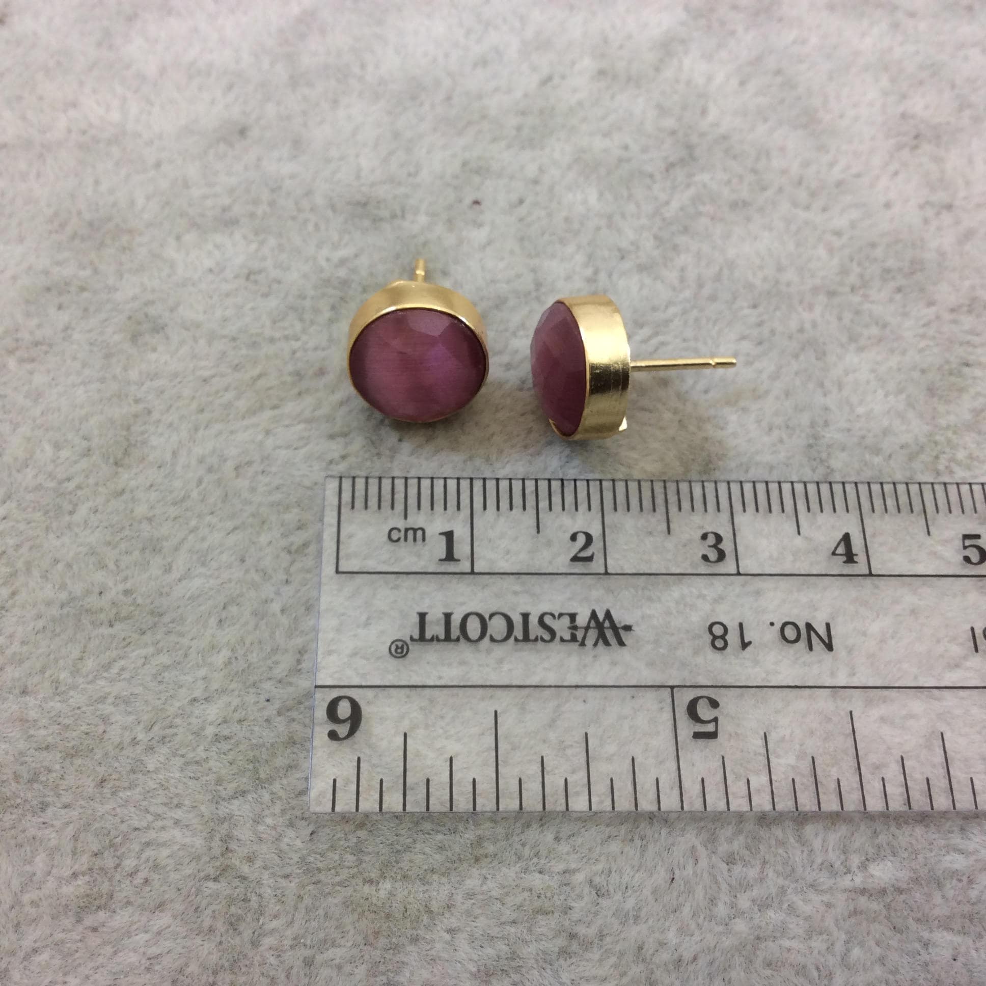 One Pair of Rose Pink Synthetic Cat's Eye Round Shaped Gold Plated Stud Earrings with NO ATTACHED Jump Rings - Measuring 10mm x 10mm