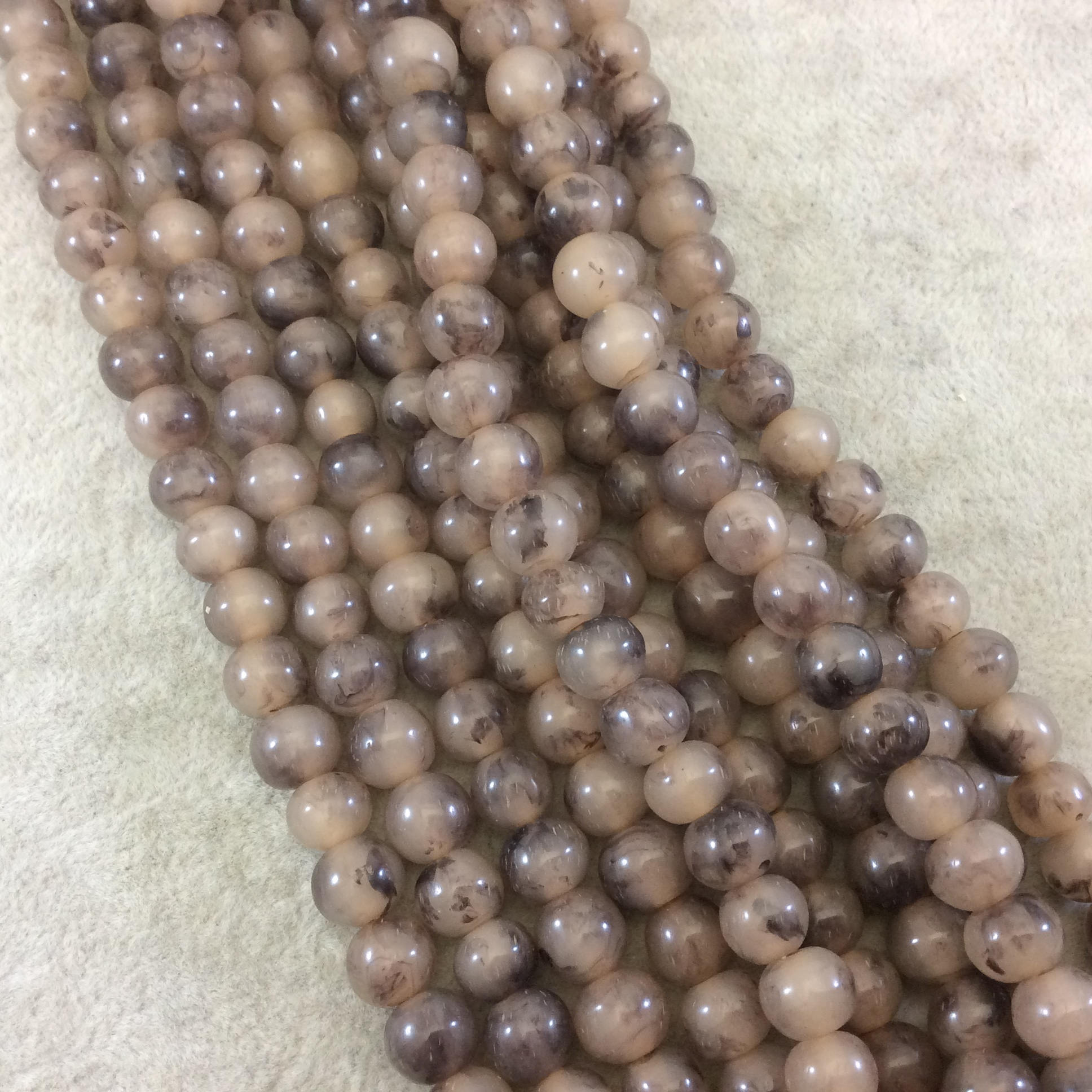 8mm Smokey Brown Lightweight Glossy Acrylic Smooth Finish Round/Rondelle Shaped Beads with 2.5mm Holes - 16" Strand (Approx. 52 Beads)