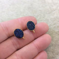 One Pair of Bright Blue Color Coated Natural Druzy Oval Shaped Gold Plated Stud Earrings with Attached Jump Rings - Measuring 10mm x 13mm