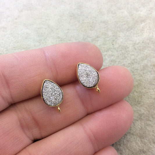 One Pair of Bright Silver Color Coated Natural Druzy Teardrop Shaped Gold Plated Stud Earrings with Attached Jump Rings - Approx. 8mm x 10mm