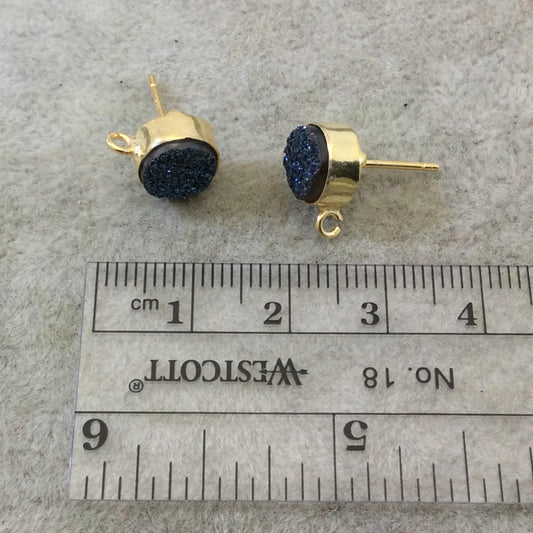 One Pair of Bright Blue Color Coated Natural Druzy Round Shaped Gold Plated Stud Earrings with Attached Jump Rings - Measuring 8mm x 8mm