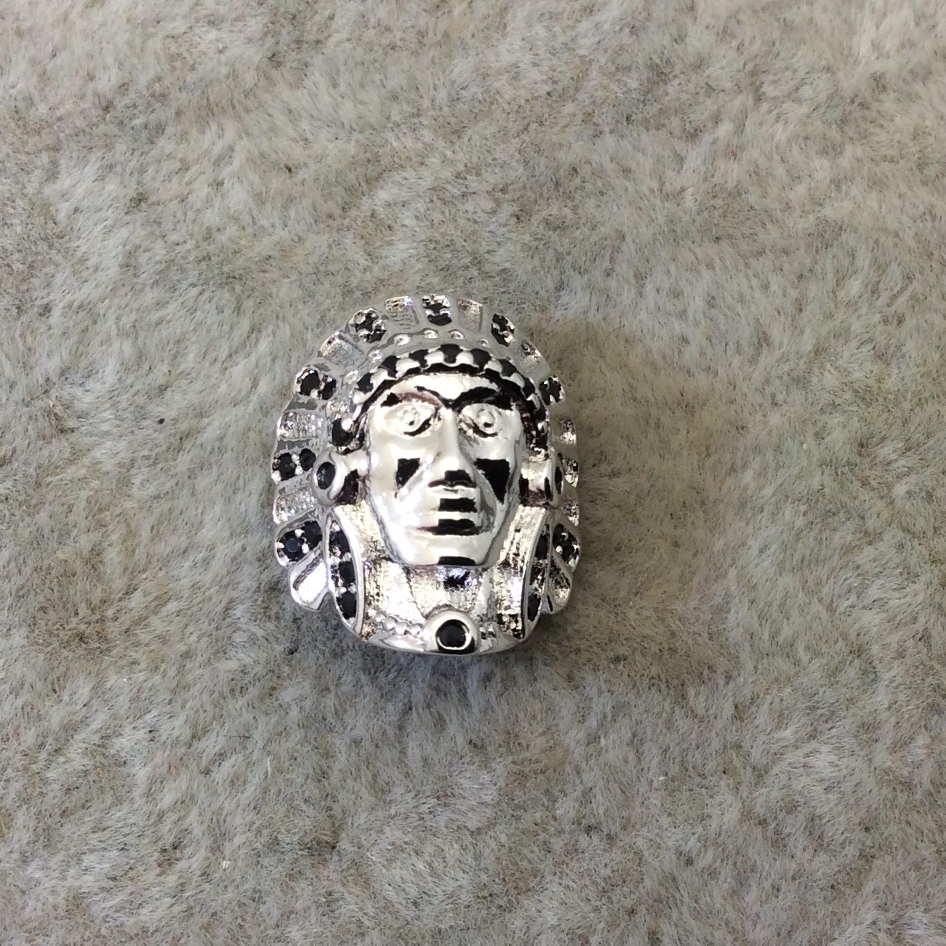 Silver Plated CZ Cubic Zirconia Inlaid Native American Head Shaped Bead Black CZ - Measures 13mm x 15mm, Approx. - Sold Individually, RANDOM