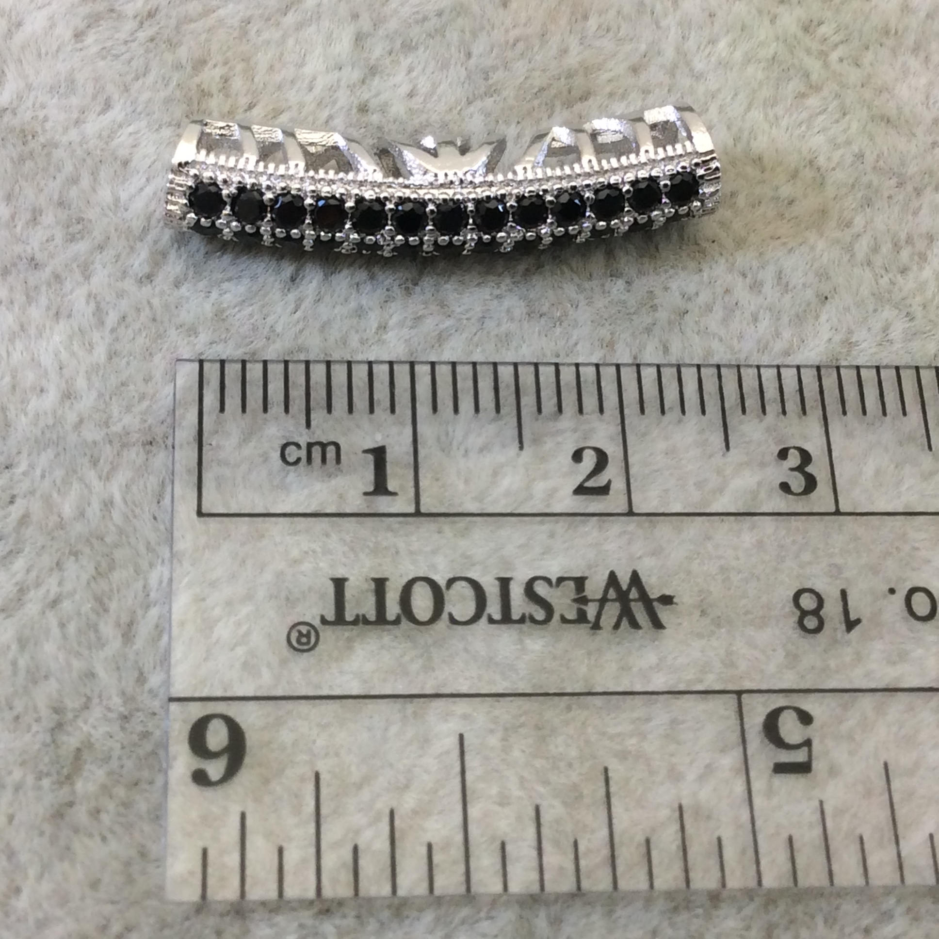 Silver Plated CZ Cubic Zirconia Inlaid Curved Tube/Macaroni Shaped Bead W Black CZ - Measures ~ 5mm x 26mm,  - Sold Individually, RANDOM