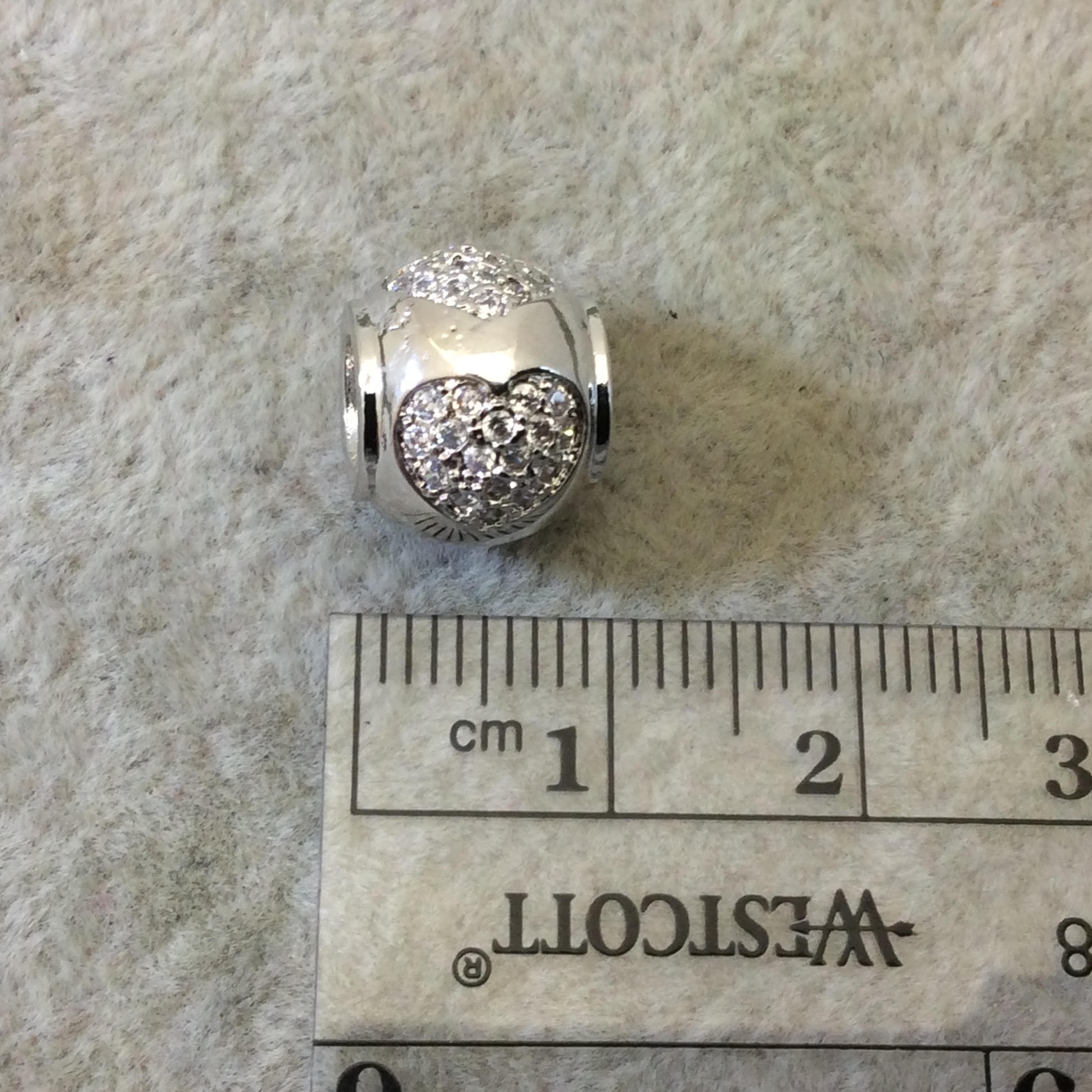 Silver Plated CZ Cubic Zirconia Inlaid Rolled Edge Urn Shaped Bead W White CZ Hearts -  ~ 9mm x 10mm,  - Sold Individually, Random