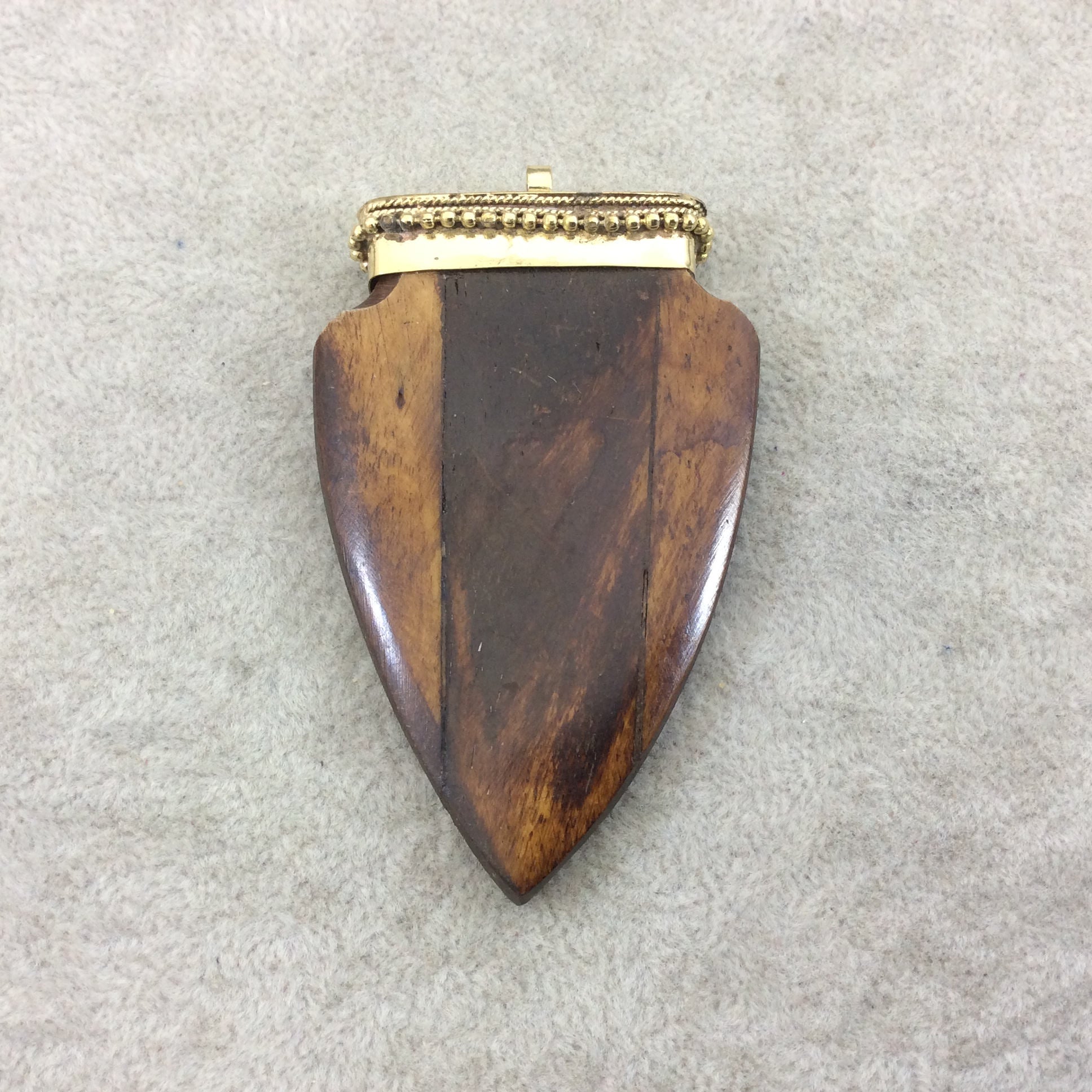 2.75" Warm Brown Notched Arrow Shaped Natural Ox Bone Pendant with Dotted Gold Cap - Measuring 45mm x 70mm, Approximately - (TR275WBNFA)