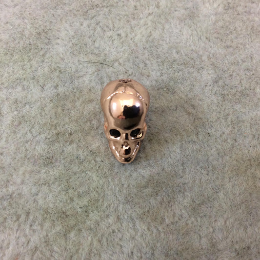 Rose Gold Plated CZ Cubic Zirconia Inlaid Skull Shaped Bead With Black CZ Eyes - Measures 10mmx13mm, Approx. - Sold Individually, RANDOM