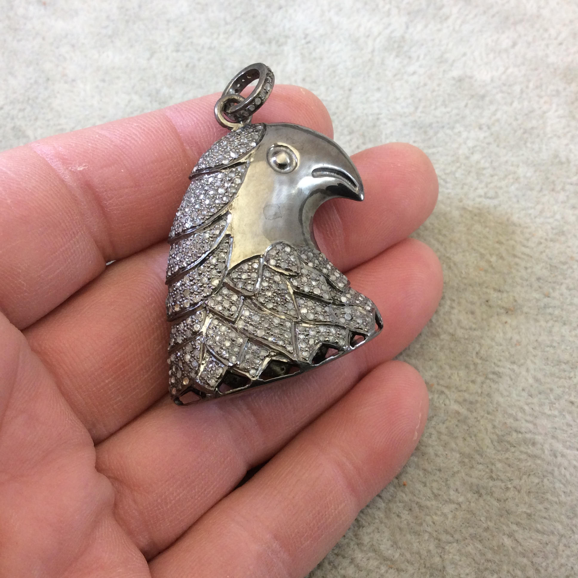 OOAK Genuine Pave Diamond Encrusted Gunmetal Plated Sterling Silver Eagle/Bird Pendant - Measuring 30mm x 40mm, Approx. - 2.41 cts