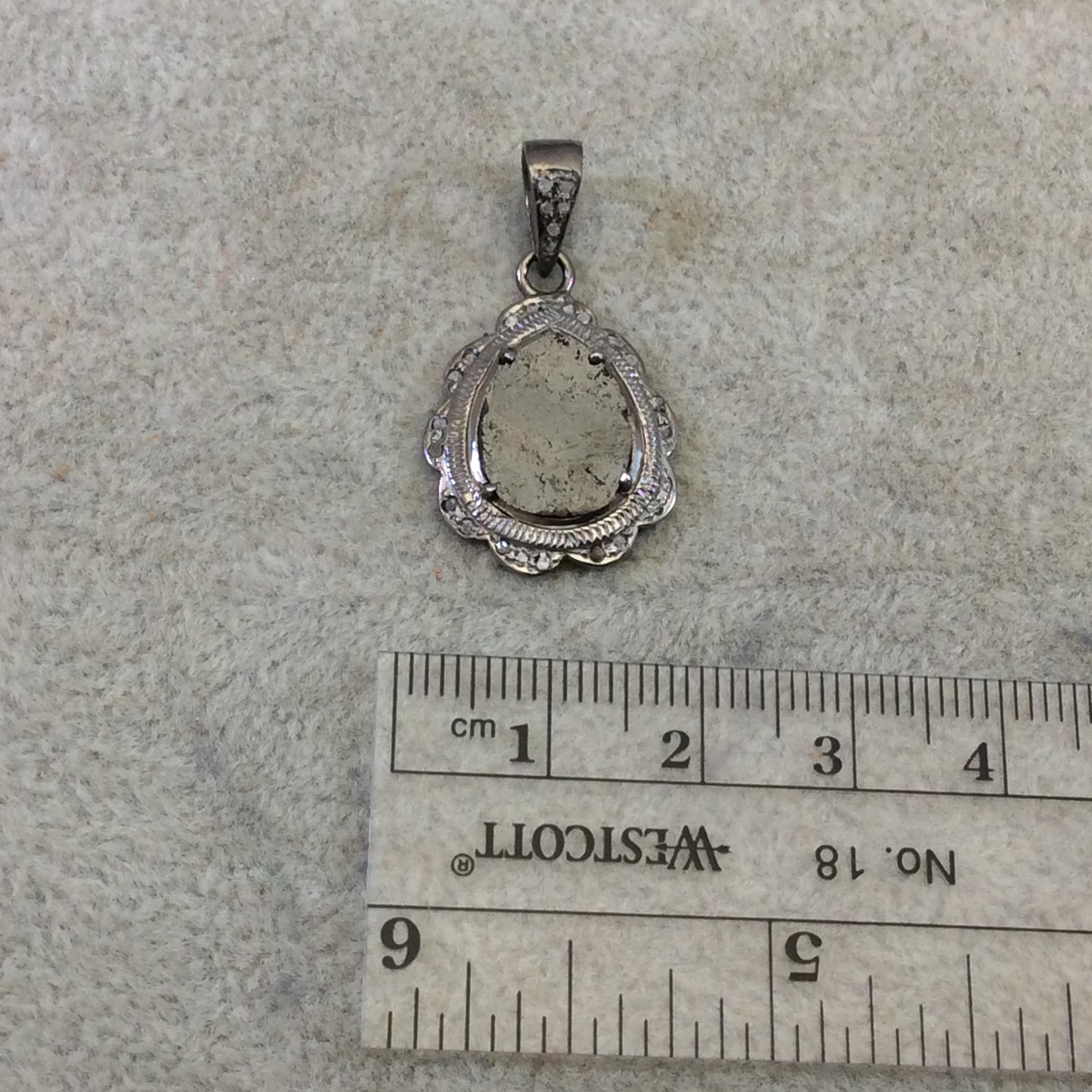 OOAK Genuine Pave Diamond Encrusted Gunmetal Plated Sterling Silver & Raw Diamond Pendant - Measuring 17mm x 20mm, Approx. - .09 cts