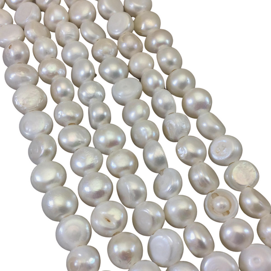 10mm (9-11mm) Smooth Natural A Quality White Freshwater Pearl Button Beads with 2mm Large Holes - Sold by 14" Strands (Approx. 36 Beads)